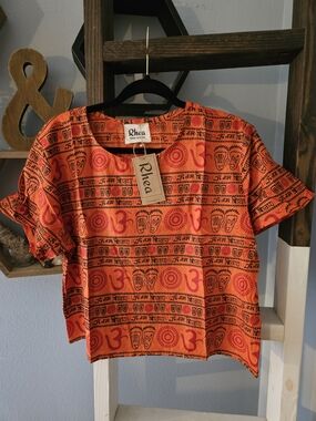NWT Rhea Boho Om Printed Cotton Short Sleeve Crop Top Size Large